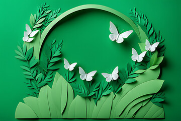 green background with leaves and butterflies