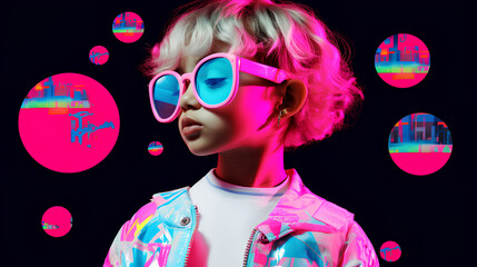 Child. Y2k neon glitch stickers glitch vaporwave nostalgia. Retro.

