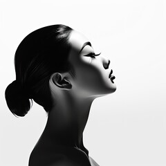 minimalistic side profil of a beautiful graceful asian woman in black and white on white background - obrazy, fototapety, plakaty