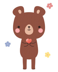 Cute brown bear giving red heart to people hand drawn cartoon illustration isolated