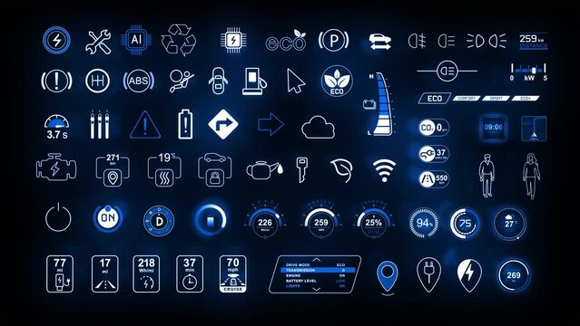 Collection of car dashboard panel indicators, blue and white icons of engine, air bag, speedometer, battery and other. Electric car signs. 