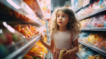 A little girl is looking at the shelf with sweets in the store.