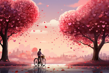 Valentine's day background with a bike and a tree made out of hearts