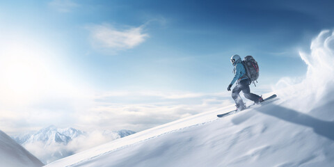 Fototapeta na wymiar snowboarder riding on a mountain slope, doing extreme sports