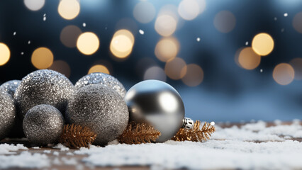 Silver Christmas baubles with a matte and sparkly finish, accented by golden bokeh lights