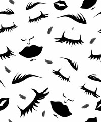 Abstract background with a girl's face. Pattern in black and white colors. Texture for abstract fashion design. Eyes, eyebrows, lips on a white background.