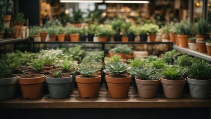 Fototapeta na wymiar Beautiful succulent plants in pots on shelf at flower shop.