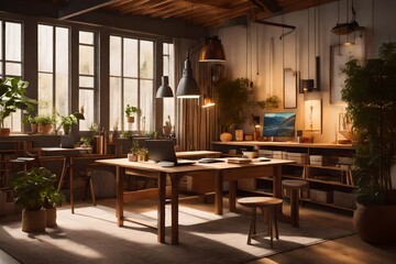 A cozy and intimate design studio with warm lighting, wooden furniture, and a blend of traditional and digital design tools