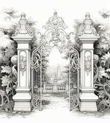 ornate metal gate, drawing of a gate in a garden, a detailed drawing ,baroque, highly detailed linework, highly detailed sketch, extremely detailed linework