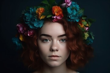 Young woman portrait with beautiful flowers and green leaves in hair