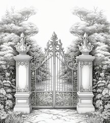 ornate metal gate, drawing of a gate in a garden, a detailed drawing ,baroque, highly detailed linework, highly detailed sketch, extremely detailed linework