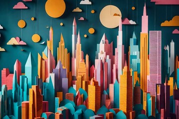 A photographic-style image capturing a surreal world made entirely of paper, with towering paper skyscrapers, paper trees