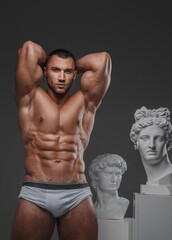 Handsome man exuding a rugged charm, with a flawless muscular chest, posing proudly beside ancient Greek statues against a gray backdrop