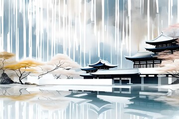 An abstract Japanese art representation of white architecture, blending simplicity and complexity, with elements of Zen aesthetics