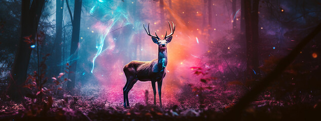 A fantasy image of a big magical deer standing in a clearing of a dark snowy forest. Colorful widescale image created by AI.