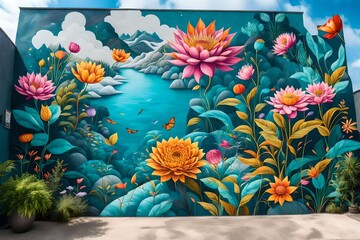 Fototapeta na wymiar A captivating outdoor mural featuring a surreal landscape, merging elements of nature and fantasy, with oversized flowers, floating islands