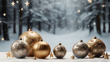 Golden Christmas balls with star patterns on a wooden surface against a snowy forest backdrop