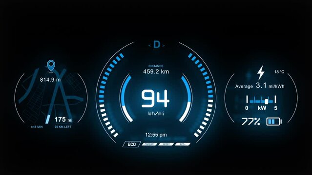 Digital car dashboard with navigation, speedometer, battery indicator.