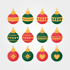 Vector set of 12 red and green Christmas decoration globes