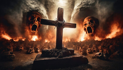 A cross of Jesus in hell - obrazy, fototapety, plakaty