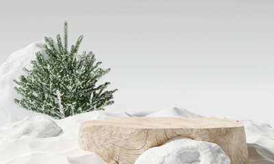 Wooden product display podium with pine tree and stone. Winter concept. 3D rendering	 - obrazy, fototapety, plakaty