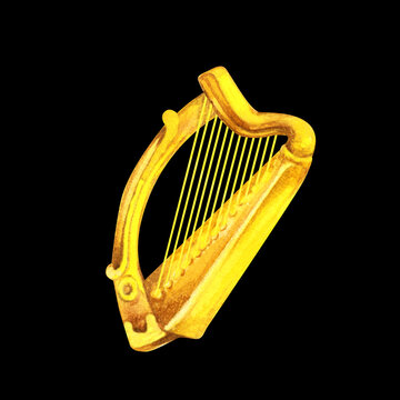 Watercolor golden magic celtic harp with strings. Illustrations with metal texture in vintage style isolated on black background