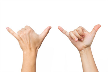 Female hand showing two fingers signifying the shaka gesture isolated on a white background. Hawaiian greeting hand sign for surfers. Front and rear view