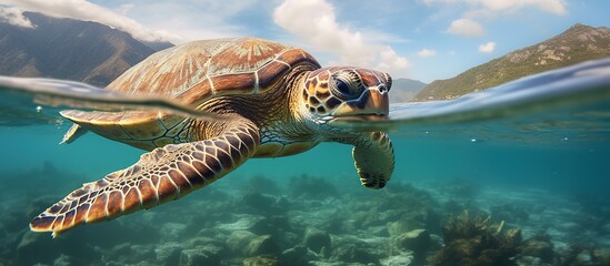 a turtle is swimming in the clear sea