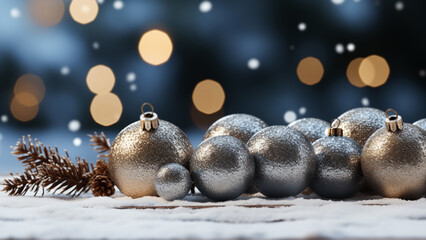 Silver Christmas baubles with a matte and sparkly finish, accented by golden bokeh lights