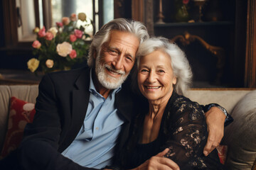 Portrait of a couple of stylish and happy gray-haired pensioners in a cozy and bright room, generated ai