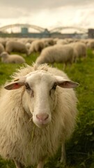 Close up portrait of a sheep.Sheep graze in a clearing with a background of the Cologne bridge. High quality photo