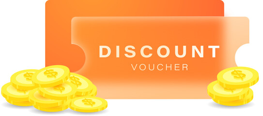Gift voucher coupon discount with coin, online shopping marketing, promotion for website, social media icon, e-commerce, Glass morphism, Frosted glass, modern style