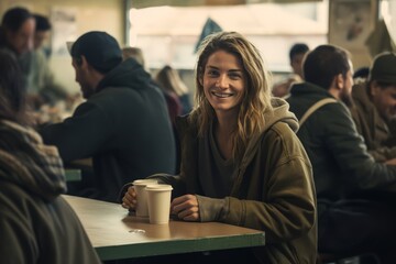 Positive smiling homeless young white woman sitting at a table at a charity dinner in a shelter - Powered by Adobe