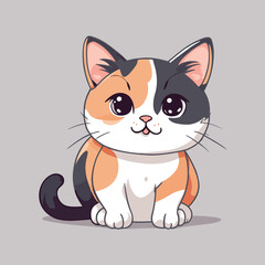Obraz premium Cute tricolor kawaii cat sitting isolated Flat Illustrqtion