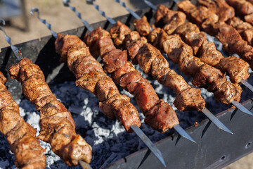 Marinated shish kebab, shashlik is cooked on a barbecue grill on coals