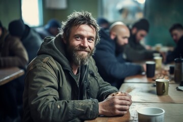 Fototapeta na wymiar Positive homeless bearded white man sitting at a table at a charity dinner in a shelter