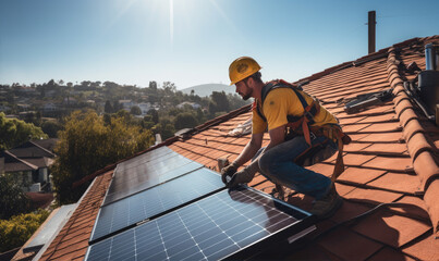 Profesional worker is installing solar panels on the roof of the house. Sustainable energy sources. Alternative energy