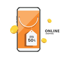 50% off promotion sign or tag label hangs from an orange shopping bag on a smartphone screen and has gold coins or money floating around
