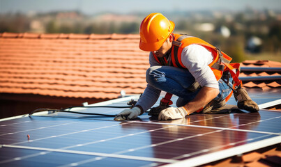 Profesional worker is installing solar panels on the roof of the house. Sustainable energy sources. Alternative energy