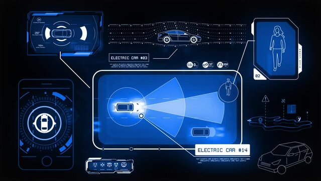 Self-driving car system. Driverless car infographics. Futuristic smart sensing system. 