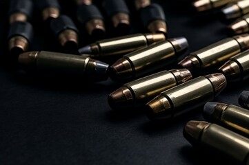 Heap of bullets on dark background. Firearm dangerous caliber pistol bullet. Generate ai