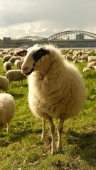 Close up portrait of a sheep.Sheep graze in a clearing with a background of the Cologne bridge. High quality photo