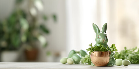 Background of a grass statue of an easter bunny surrounded by eggs 