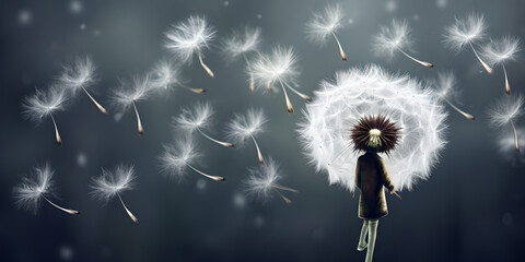 Man stands with his back with fluffy white dandelion head. Let go of thoughts, mental health. Creative concept. AI illustration