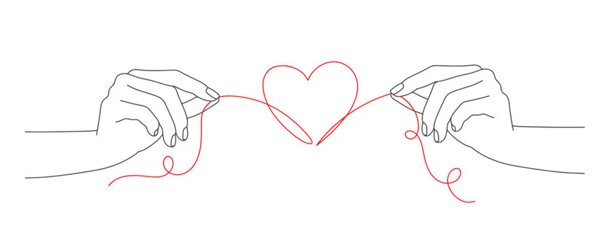 Two hand with red heart line art style vector illustration. Valentine day clip art