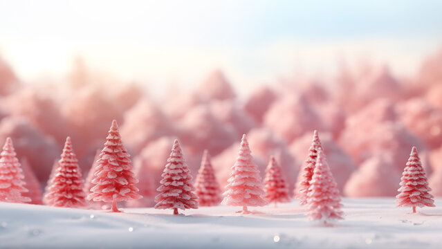 Pink hues of dawn light up a tranquil snowy forest landscape