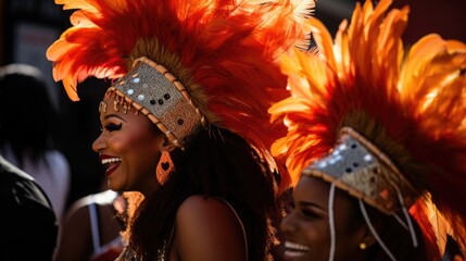 Joyful dancers in feathered headdresses moving to the beat of the drumline at the Toronto Caribbean...