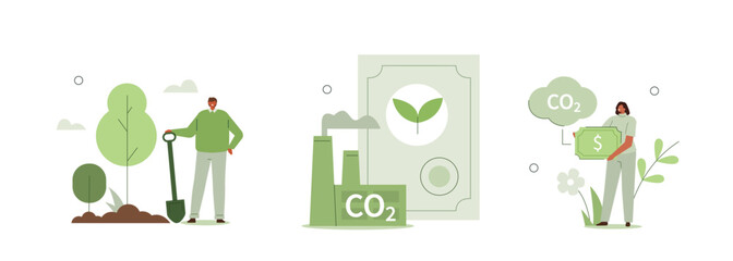 Carbon credit or offset concept illustration. Collections of responsible characters buying co2 certificate to reduce environmental impact. Carbon taxes and investing. Vector illustrations set. - obrazy, fototapety, plakaty