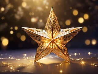 A dazzling and shimmering gold Christmas star, its surface adorned with an intricate pattern of glittering specks that twinkle and catch the light. This exquisite image is a photograph that beautifull