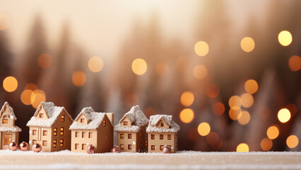 Charming little winter village scene illuminated with a soft, golden glow - obrazy, fototapety, plakaty